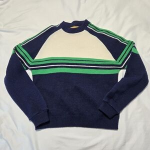 Vintage Bemidji Woolen Mills Navy and Green Striped Wool Sweater